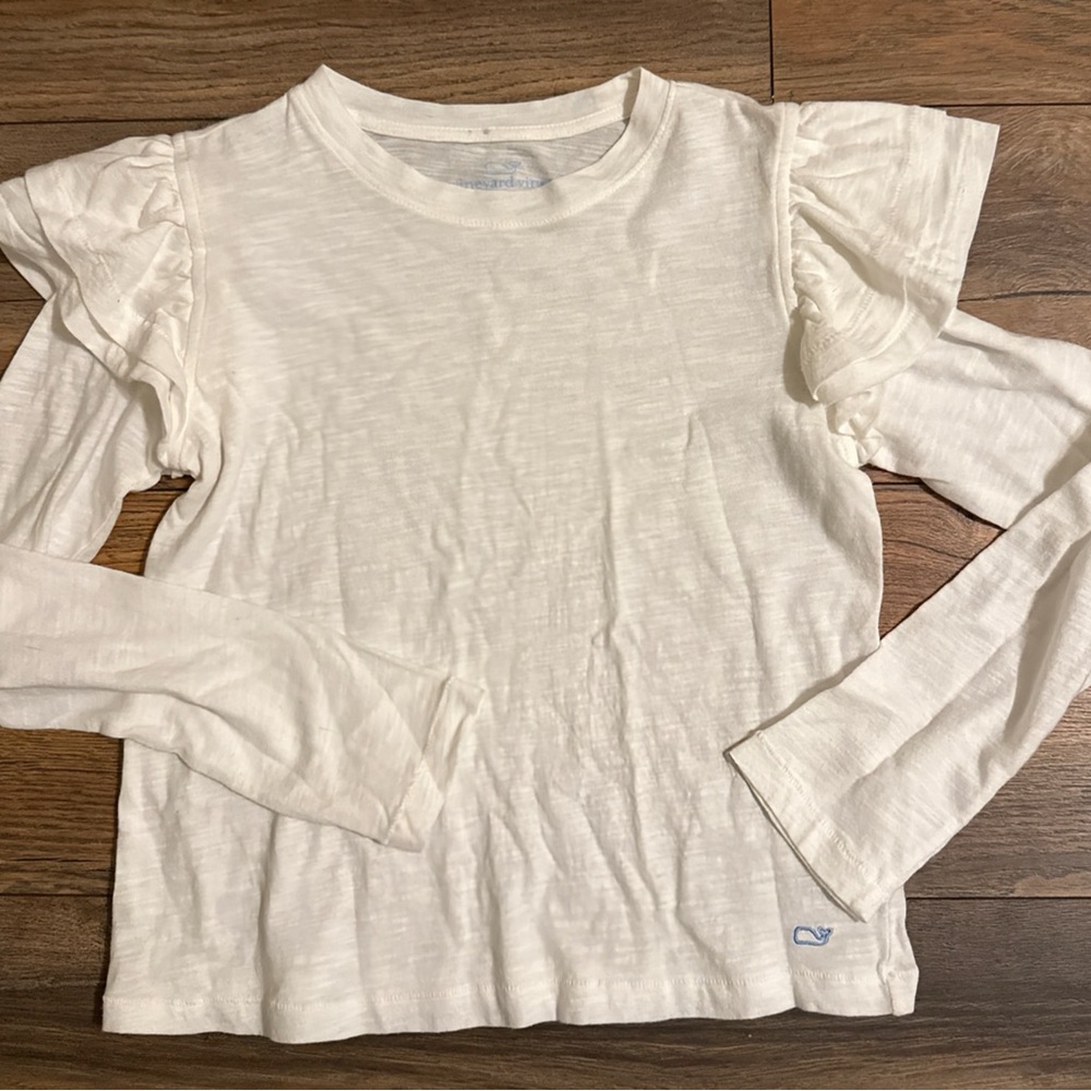 Vineyard Vines Girls Size Small White Long Sleeve Ruffle Tee